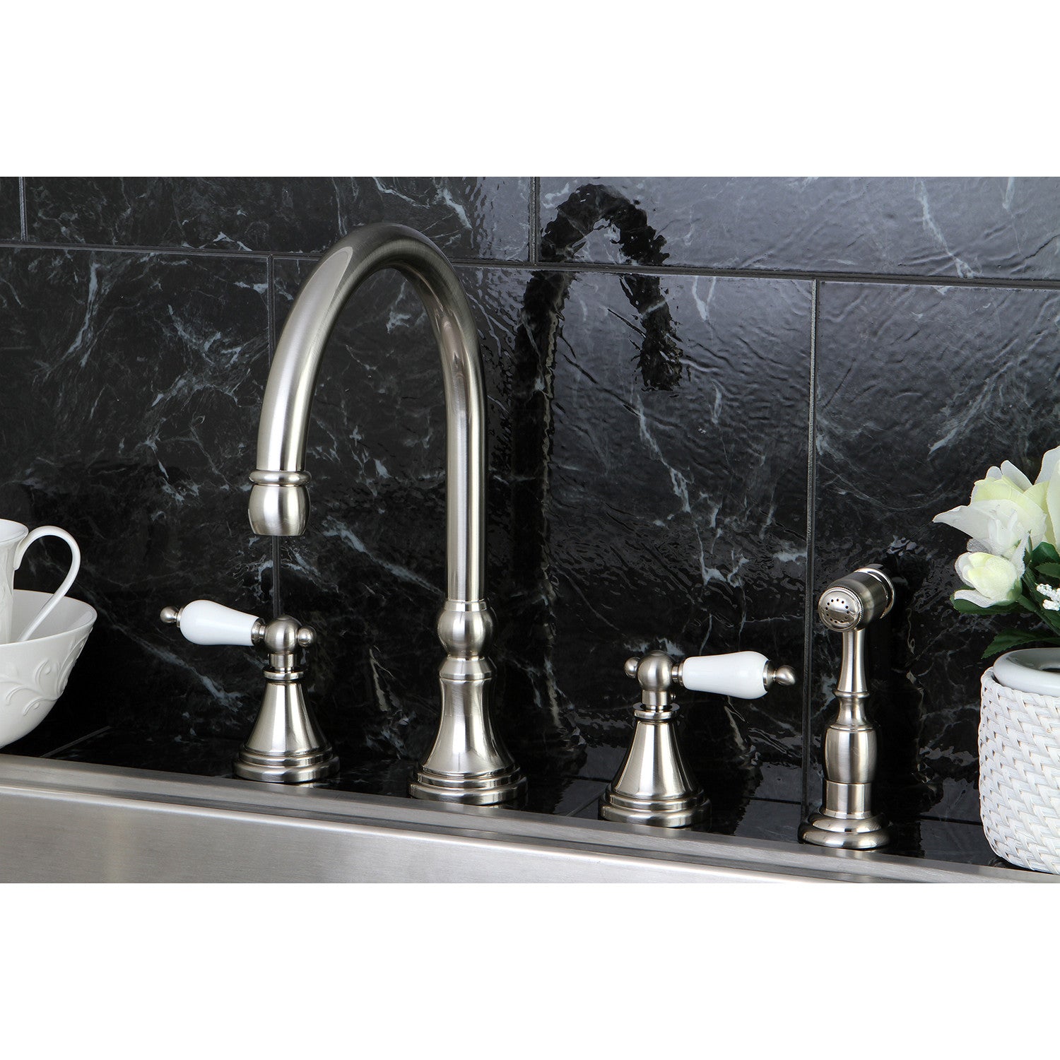 Kingston Tulare KS2798PLBS - Governor Double-Handle 4-Hole Widespread Kitchen Faucet with Brass Sprayer, Brushed Nickel — thumbnail 3